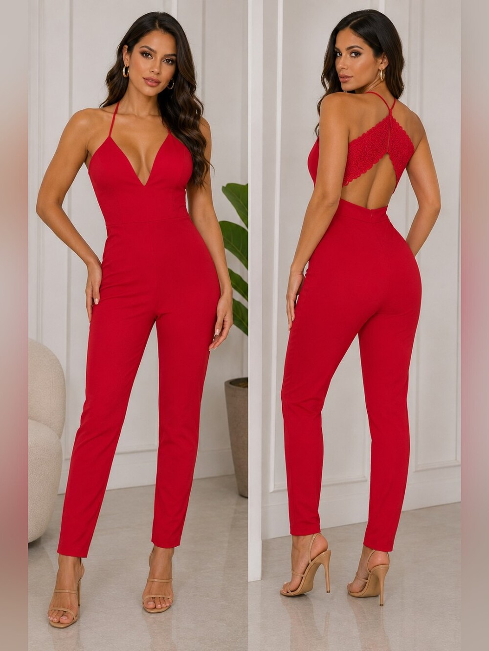 Red Lace-Back Satin Jumpsuit - Women Pants & Jumpsuits